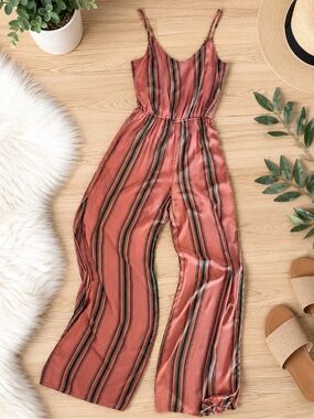 Shinestar Rust Striped Wide-Leg Jumpsuit with Green & Black Accents